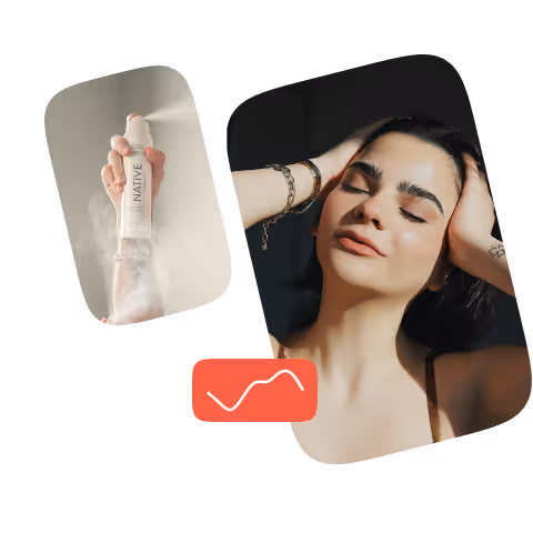 an image of a hand spraying a Native product, and an image of a girl with closed eyes holding her hands to her head