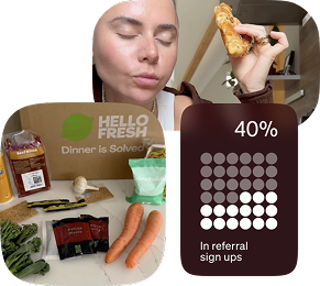 A woman is shown with a box of fresh vegetables and a sign that says 40% off.