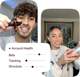Man and woman showcasing beauty products beside an account health dashboard for bids, tracking, and structure.