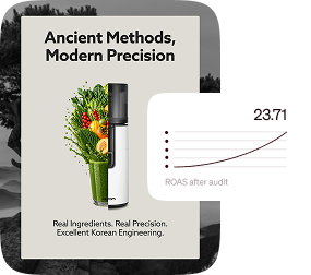 Hurom juicer ad featuring fresh ingredients and a ROAS after audit chart rising to 23.71.