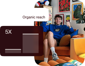 Smiling man sitting on an orange sofa beside an organic reach chart showing a 5X increase.