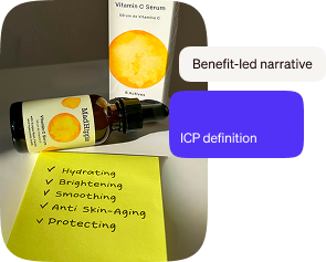 Vitamin C skincare products beside a benefit checklist and labels for benefit-led narrative and ICP definition.