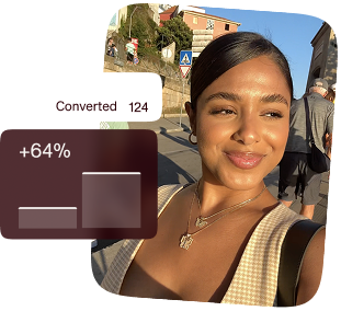 Woman taking an outdoor selfie beside metrics showing 124 conversions and a 64% increase.