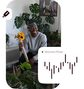 Smiling man holding a sunflower beside a discovery phase analytics chart.