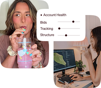 Woman drinking from a bottle beside an account health dashboard and another woman working at a computer.