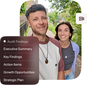Smiling man and woman outdoors beside an audit findings and strategic plan checklist.