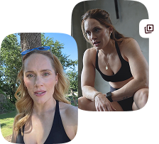 Two photos of a woman outdoors and resting after a workout, with a video content icon.