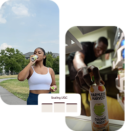 Two creators featuring Harmless Harvest coconut water beside a scaling UGC performance graphic.