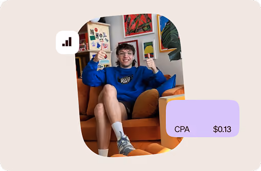 Smiling person sitting on an orange couch giving thumbs up, with CPA $0.13 text overlay.