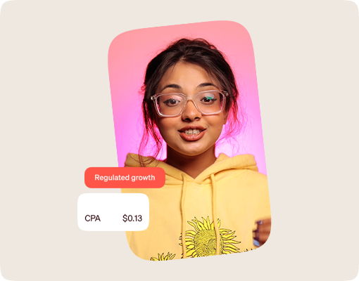 Woman in a yellow hoodie beside a regulated growth label and a $0.13 CPA metric.
