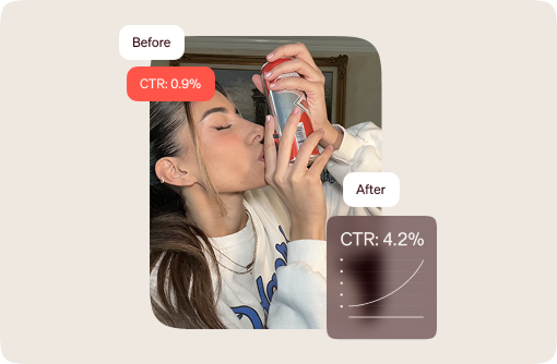 Woman holding and kissing a beauty product beside before-and-after metrics showing CTR rising from 0.9% to 4.2%.