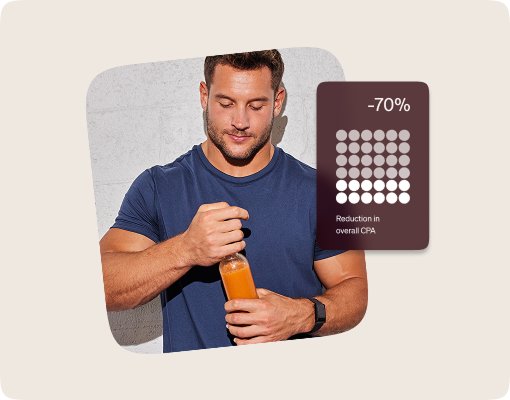 Nick Bosa opening a bottled orange drink beside a metric showing a 70% reduction in overall CPA.