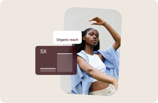 Woman posing in a blue outfit beside an organic reach chart showing a 5x increase.
