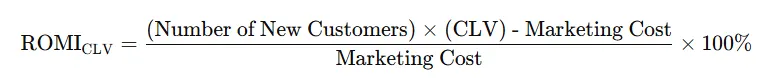 Formula graphic showing a customer lifetime value-based view of ROMI.