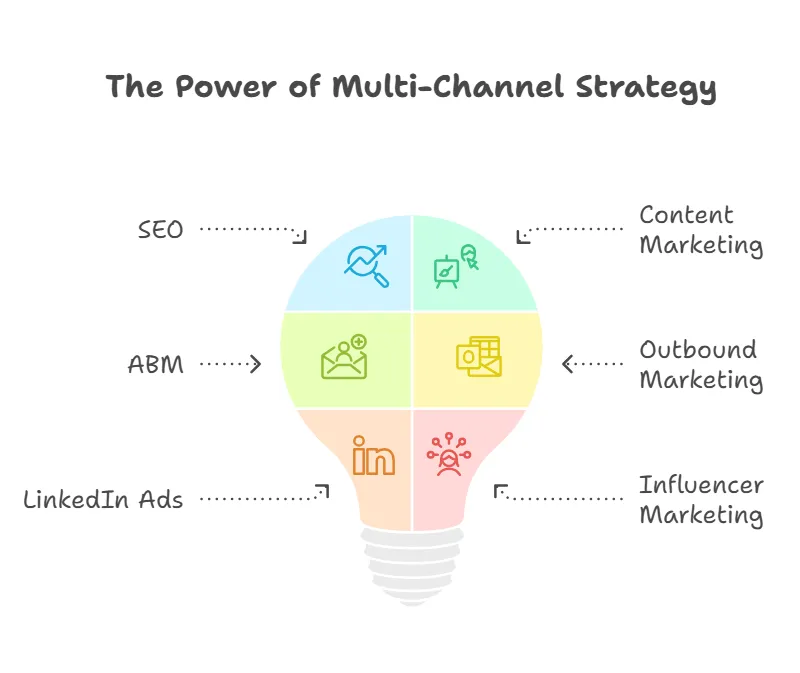 Graphic of a lightbulb showing six key channels in a multi-channel marketing strategy.