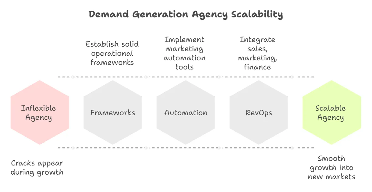 Diagram showing how frameworks, automation, and RevOps enable scalable agencies.