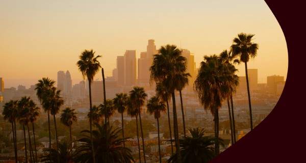 A cityscape with palm trees and buildings.