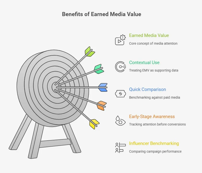 Diagram showing key benefits of earned media value and how brands use it.