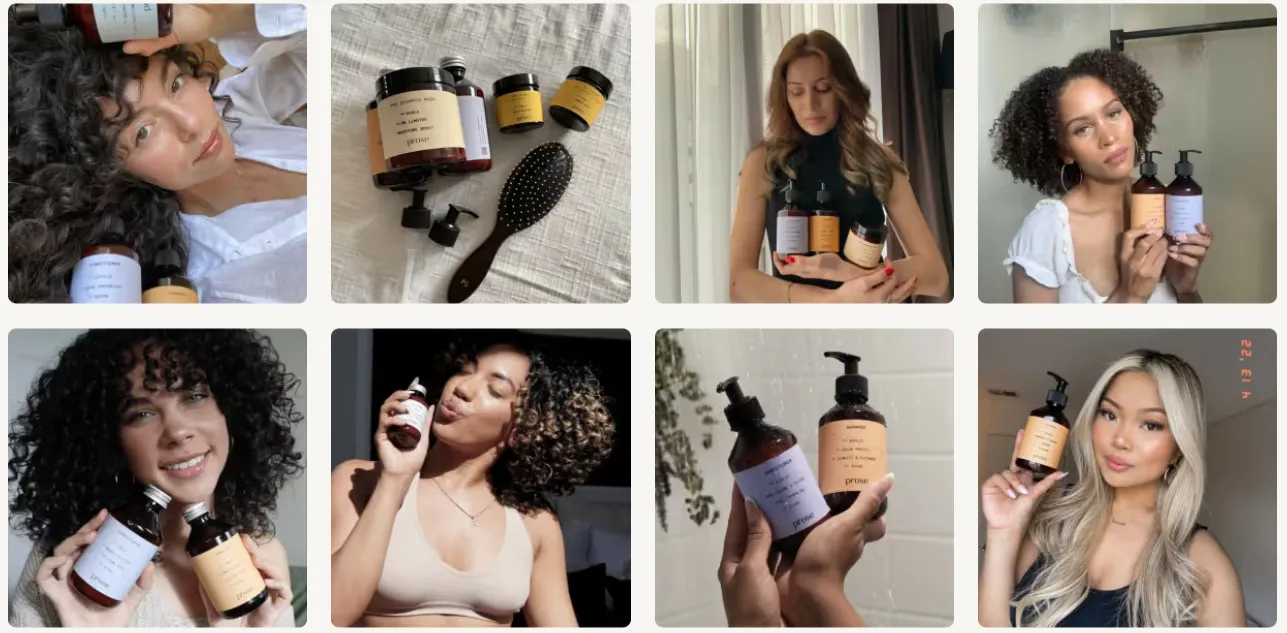 A grid of influencers promoting Prose hair care products, showing creators holding and using customized bottles in lifestyle settings.
