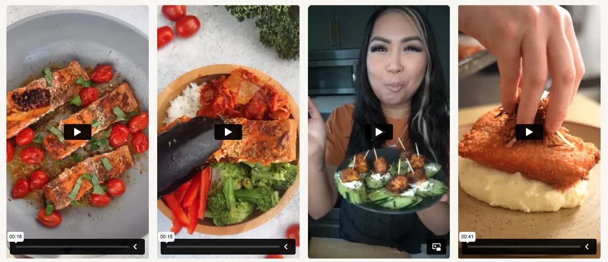 A grid of influencer video thumbnails from an inBeat case study for Bluehouse Salmon, showing creators preparing, tasting, and plating salmon dishes.