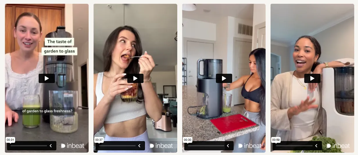 UGC creators filming short-form video content promoting Hurom juicer, featuring real users preparing fresh juice in home kitchens as part of an inBeat influencer marketing campaign.