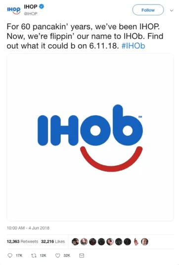 IHOP Twitter post announcing a temporary rebrand to IHOb as a teaser campaign, featuring the IHOb logo and rebranding message from June 2018