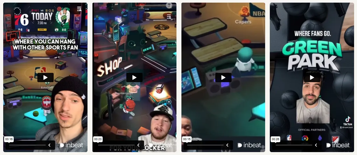 UGC video creatives from an inBeat campaign showcasing a sports-themed virtual gaming environment, with creators promoting interactive features, fan communities, and branded spaces such as shops and parks across short-form video platforms