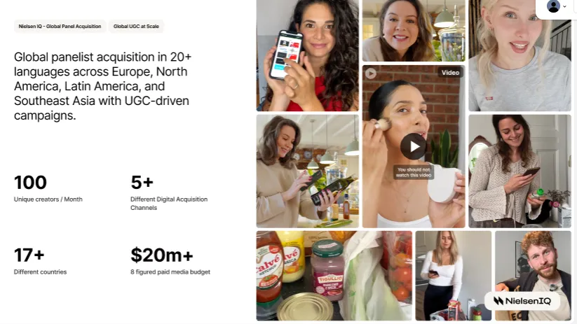 inBeat case study slide for NielsenIQ about global panelist acquisition in 20+ languages across Europe, North America, Latin America, and Southeast Asia using UGC-driven campaigns. Includes creator video thumbnails and metrics: 100 unique creators/month, 5+ acquisition channels, 17+ countries, and $20m+ paid media budget.