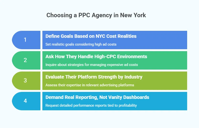 Checklist for choosing a PPC agency in New York, covering goal setting, handling high-CPC markets, platform expertise by industry, and transparent performance reporting.