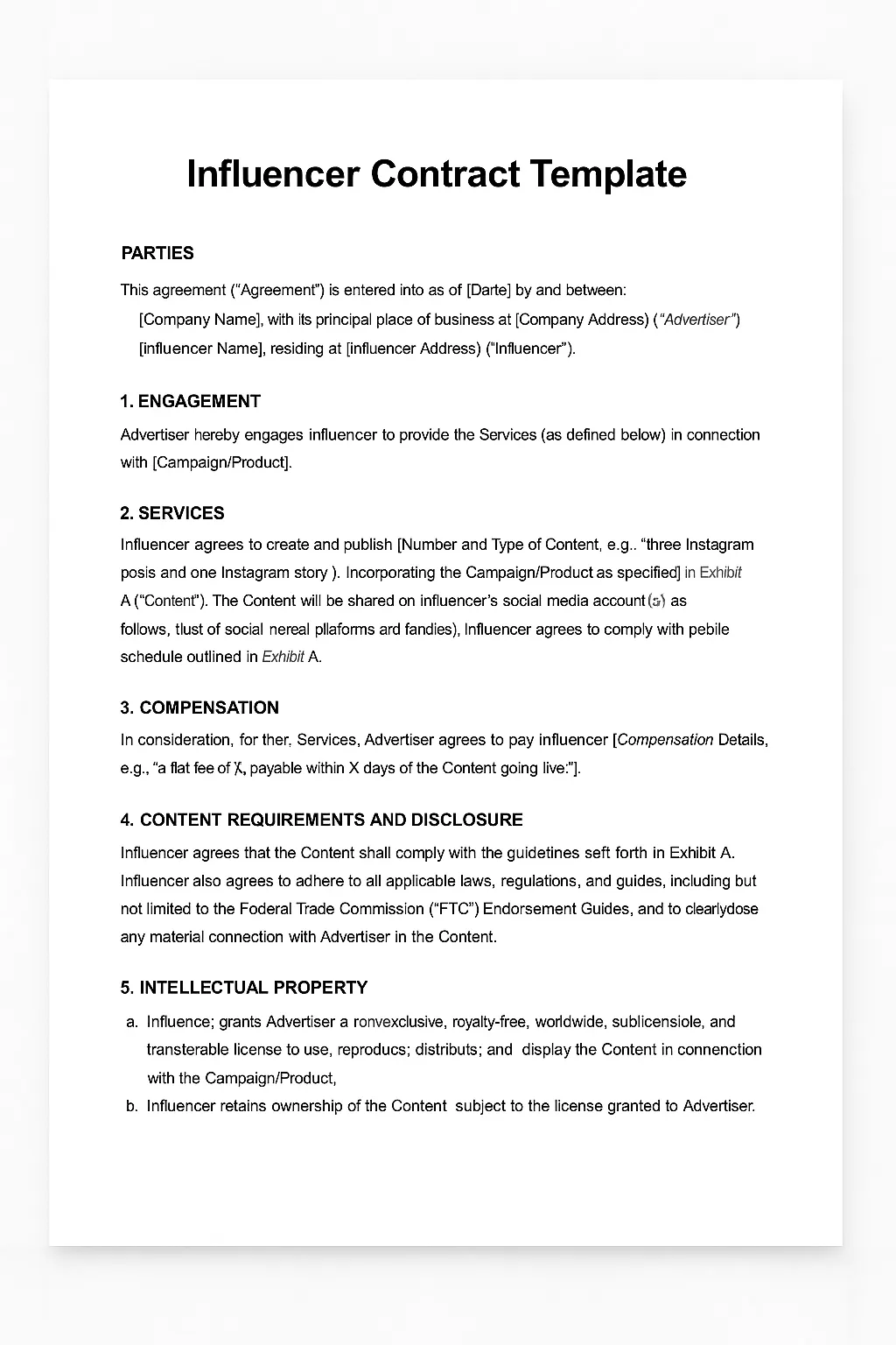 Screenshot of an influencer contract template outlining key sections like services, compensation, content requirements, disclosure, and intellectual property.