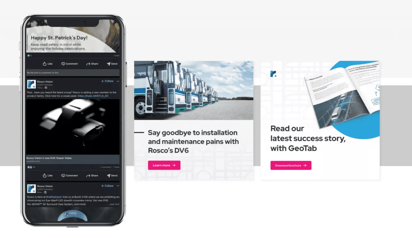 Examples of B2B paid social ads, including a LinkedIn mobile feed ad, a product promotion banner, and a downloadable success story campaign.