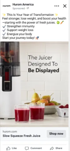 Facebook sponsored ad from Hurom America promoting a slow squeeze juicer with benefit-focused copy and a “Shop now” call-to-action.