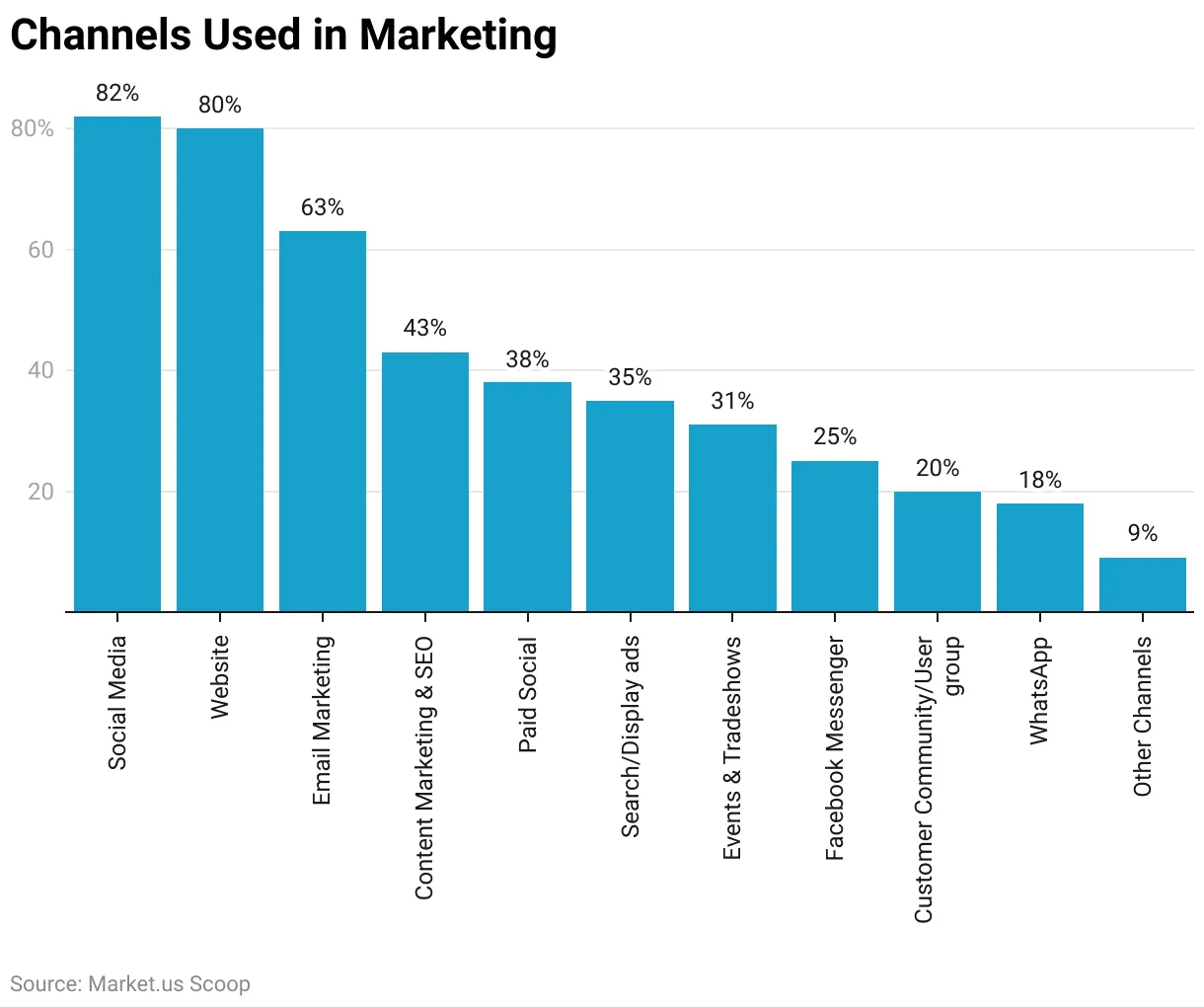 Bar chart showing marketing channels used by businesses, with social media (82%) and websites (80%) leading, followed by email marketing (63%) and content marketing & SEO (43%).