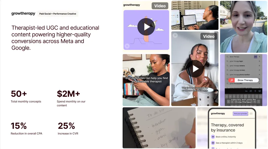 inBeat case study showing therapist-led UGC campaign for Grow Therapy across Meta and Google, resulting in reduced CPA and increased conversion rates.