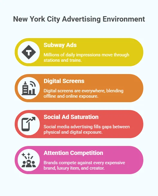 Infographic outlining the New York City advertising environment, including subway ads, digital screens, social ad saturation, and high attention competition.