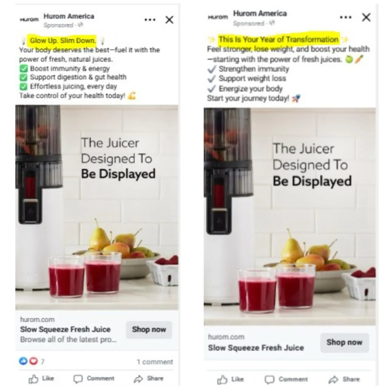 Side-by-side comparison of two Hurom America Facebook ad creatives testing different headline variations for a slow juicer campaign.