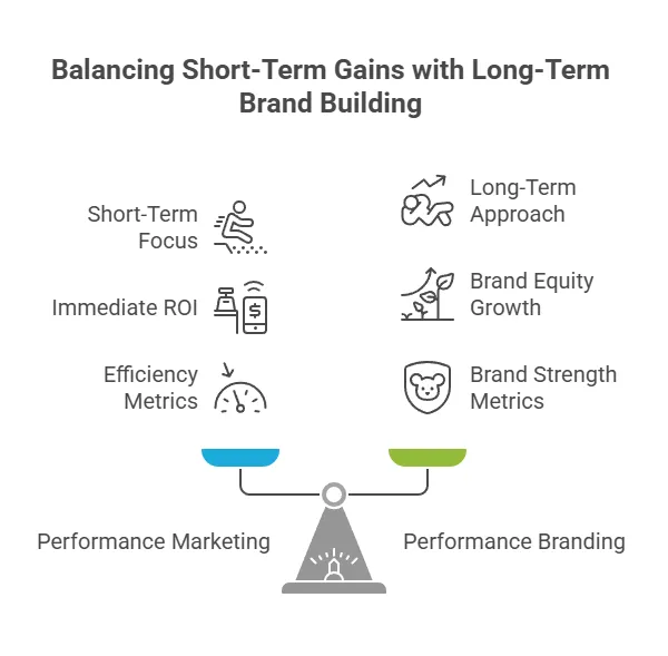 Diagram illustrating the balance between short-term performance marketing focused on immediate ROI and long-term brand building focused on brand equity and strength metrics.