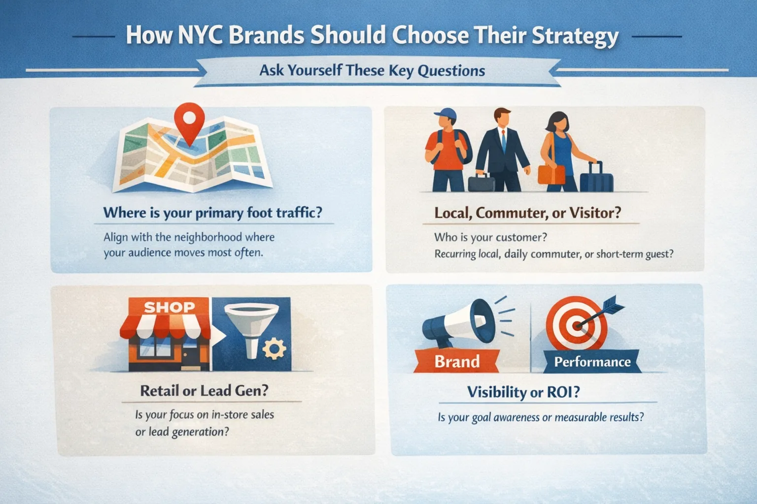 Infographic outlining key questions for NYC brands when choosing a strategy, including primary foot traffic location, target audience type (local, commuter, or visitor), retail versus lead generation focus, and brand visibility versus ROI goals.