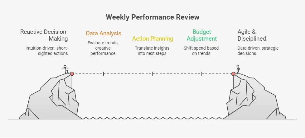 Infographic illustrating the weekly performance review workflow, showing the progression from reactive decision-making to data analysis, action planning, budget adjustment, and ultimately agile, disciplined, data-driven strategic decisions.