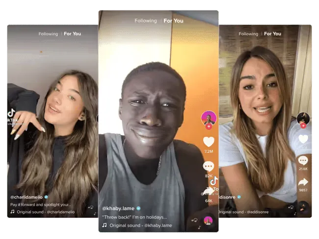 Three TikTok video screens featuring popular creators, showing user-generated content with engagement metrics such as likes, comments, and shares on the platform.