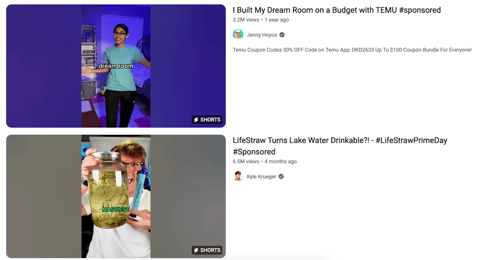 YouTube Shorts examples featuring sponsored influencer content, including a room makeover with Temu and a product demo with LifeStraw, showing creators, views, and branded partnerships.
