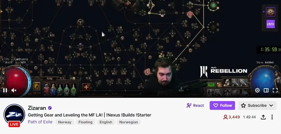 Screenshot of a Twitch livestream featuring streamer Zizaran playing Path of Exile, with game interface, skill tree, live viewer count, and streaming controls visible.