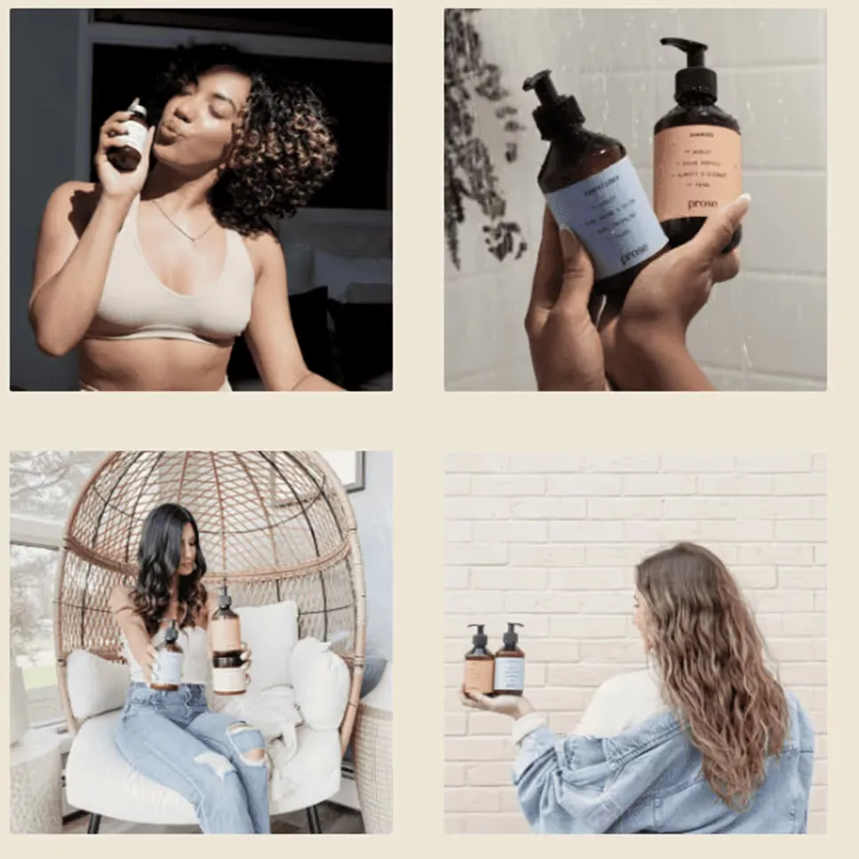 Collage of user-generated content showing women using and holding skincare products, including close-ups of bottles and lifestyle scenes in home and bathroom settings.