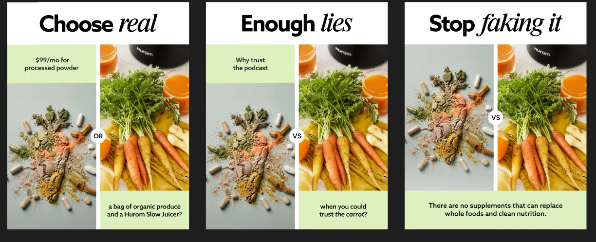 Three YouTube thumbnail variations comparing supplements and whole foods with headlines like choose real, enough lies, and stop faking it for A/B testing.