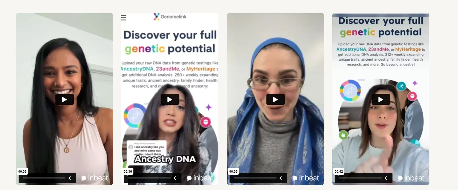 Collection of user-generated video ads promoting genetic testing services, featuring creators discussing DNA analysis, ancestry insights, and personalized health data.