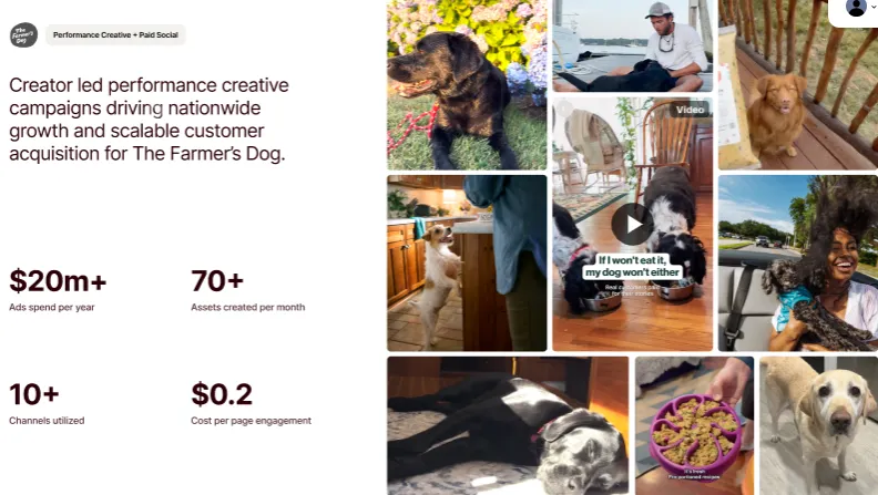 inBeat case study highlighting creator-led performance campaigns for The Farmer’s Dog with UGC content, scalable customer acquisition, and key metrics like ad spend and engagement.
