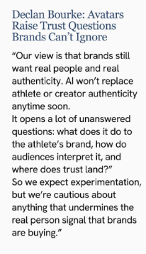 Quote discussing concerns about AI avatars in marketing, highlighting issues of authenticity, trust, and how audiences perceive brand credibility.