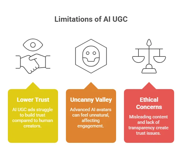 Diagram showing limitations of AI-generated UGC including lower trust, uncanny valley effect, and ethical concerns around misleading content and transparency.