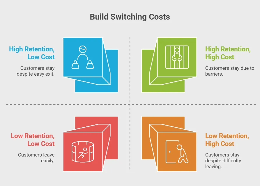 Matrix showing relationship between switching costs and customer retention, including high and low retention scenarios based on cost barriers.
