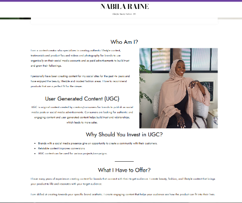 Personal portfolio page introducing a skincare content creator, highlighting experience, user-generated content services, and benefits of investing in UGC.